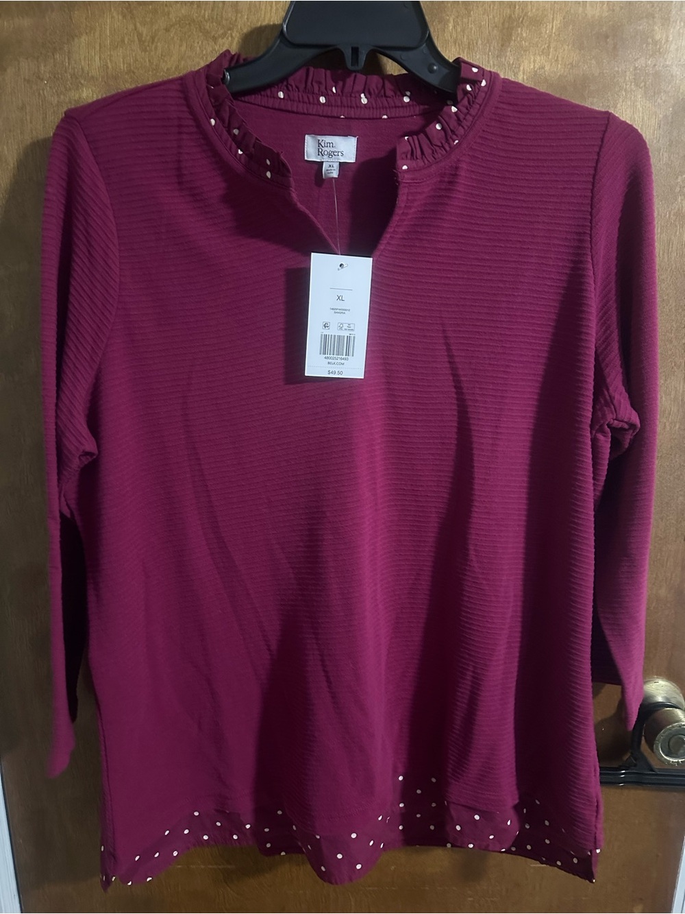 Kim Rogers Long-Sleeve Ruffle Neck Top in burgundy color